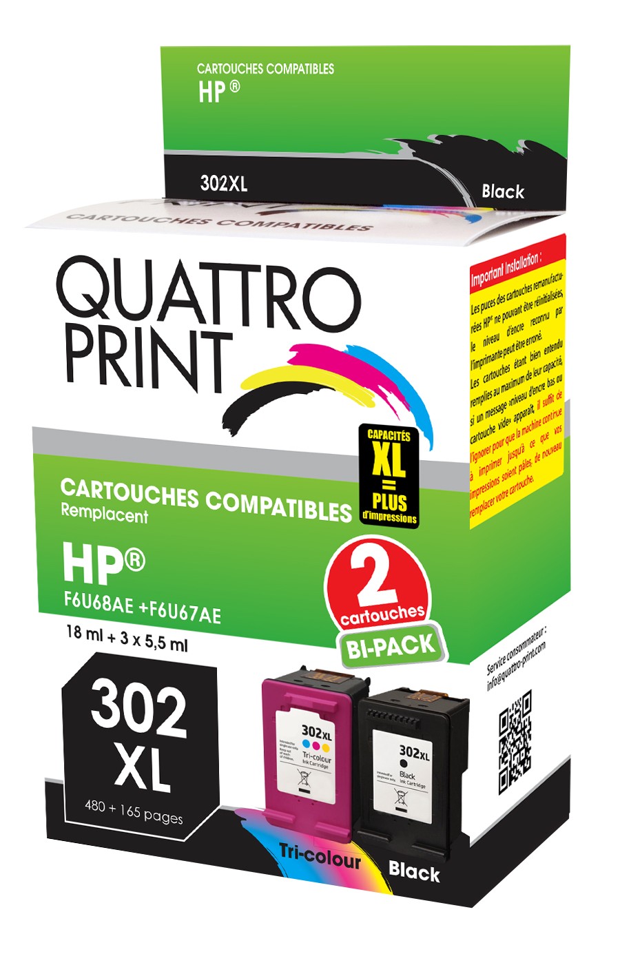 Pack 2 cartouches compatibles HP 302 XL noir et couleur Pack de 2 cartouches  compatible