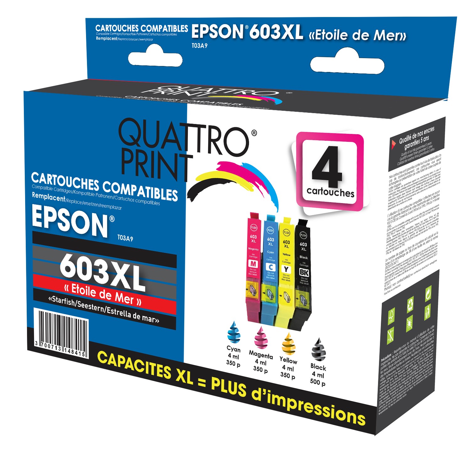 Cartouches EPSON compatibles 603 XL ( série étoile de mer) Pack 4